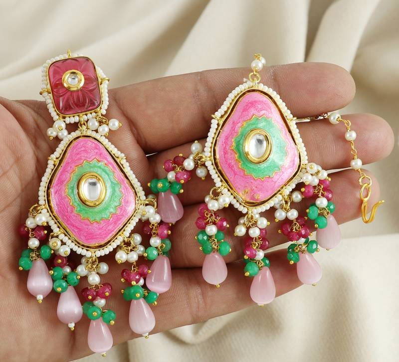 Ruby Green Onyx Handmade Meena Earrings with Mang Tikka Jewelry Set