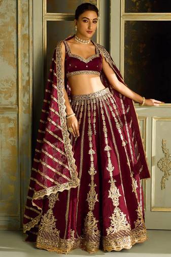 Art Silk Embroidery with Golden Sequin work Lehenga Choli with Dupatta - Bridal Choli for Women