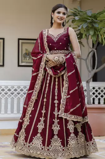 Art Silk Embroidery with Golden Sequin work Lehenga Choli with Dupatta - Bridal Choli for Women