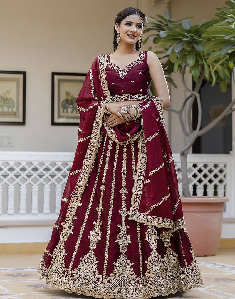 Art Silk Embroidery with Golden Sequin work Lehenga Choli with Dupatta - Bridal Choli for Women