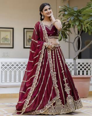 Art Silk Embroidery with Golden Sequin work Lehenga Choli with Dupatta - Bridal Choli for Women 4