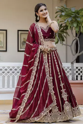 Trendmalls Art Silk Embroidery with Golden Sequin work Lehenga Choli with Dupatta - Bridal Choli for Women