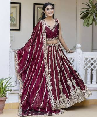 Art Silk Embroidery with Golden Sequin work Lehenga Choli with Dupatta - Bridal Choli for Women 5