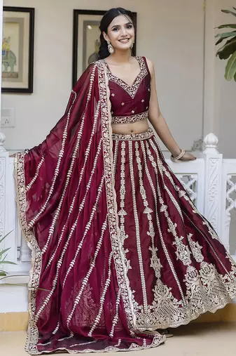 Trendmalls Art Silk Embroidery with Golden Sequin work Lehenga Choli with Dupatta - Bridal Choli for Women