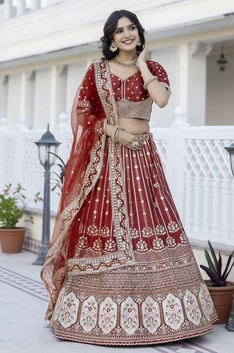 Satin Embroidery with Golden Sequin work Lehenga Choli with Dupatta - Bridal Choli for Women