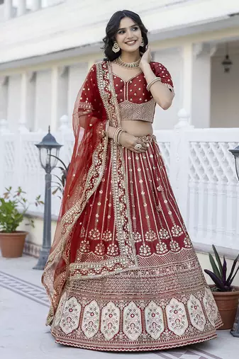 Satin Embroidery with Golden Sequin work Lehenga Choli with Dupatta - Bridal Choli for Women