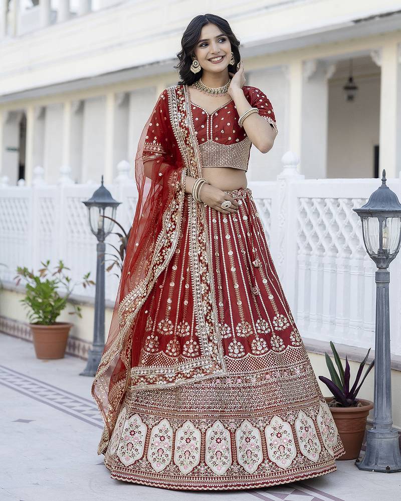 Satin Embroidery with Golden Sequin work Lehenga Choli with Dupatta - Bridal Choli for Women