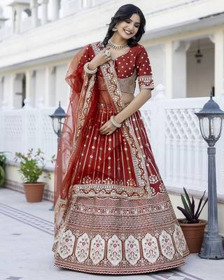 Trendmalls Satin Embroidery with Golden Sequin work Lehenga Choli with Dupatta - Bridal Choli for Women 3