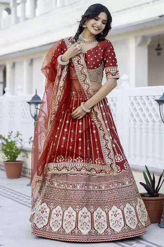 Trendmalls Satin Embroidery with Golden Sequin work Lehenga Choli with Dupatta - Bridal Choli for Women