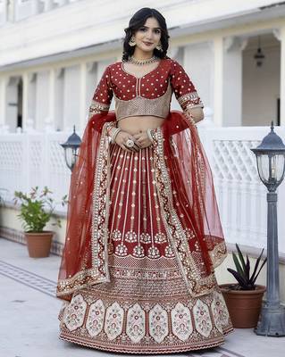 Trendmalls Satin Embroidery with Golden Sequin work Lehenga Choli with Dupatta - Bridal Choli for Women 4