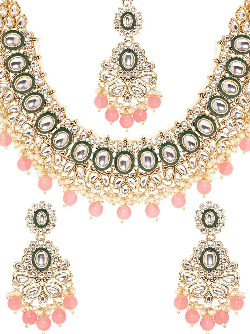 Kundan & Pink Pearl Beaded Jewellery Set With Mangtikka