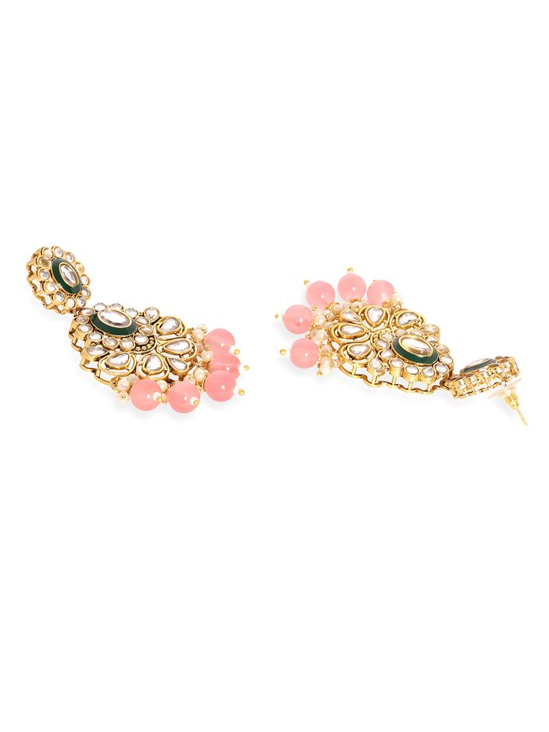 Kundan & Pink Pearl Beaded Jewellery Set With Mangtikka