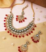 Super Premium Luxe Gold-Plated Kundan & Red Pearl Beaded Jewellery Set With Mangtikka