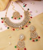 Super Premium Luxe Gold-Plated Kundan & Multi Pearl Beaded Jewellery Set With Mangtikka