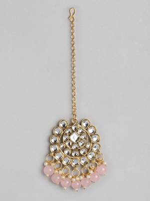   Kundan & Pink Pearl Beaded Jewellery Set With Mangtikka 4