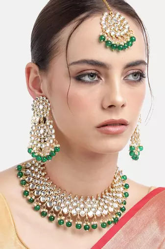 Green Pearl Kundan Heavy Indian Choker Set For Women
