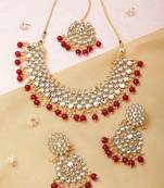 Super Premium Luxe Gold-Plated Kundan & Red Pearl Beaded Jewellery Set With Mangtikka