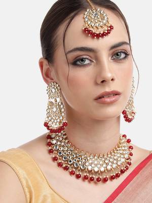Super Premium Luxe Gold-Plated Kundan & Red Pearl Beaded Jewellery Set With Mangtikka 2