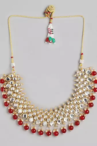 Super Premium Luxe Gold-Plated Kundan & Red Pearl Beaded Jewellery Set With Mangtikka