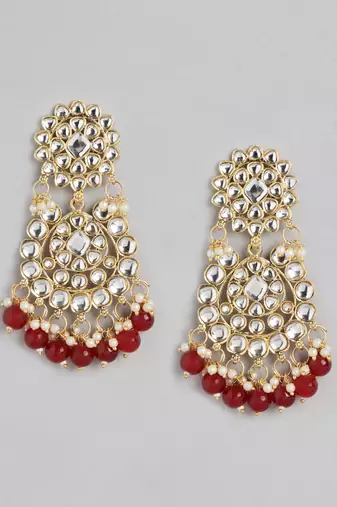 Super Premium Luxe Gold-Plated Kundan & Red Pearl Beaded Jewellery Set With Mangtikka