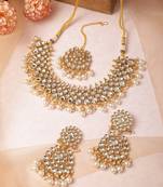 Super Premium Luxe Kundan & White Pearl Beaded Jewellery Set With Mangtikka