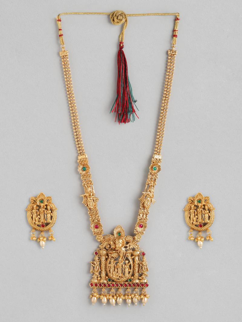 Long South Indian Temple Theme Ram Darbaar Motif Jewelry Set For Women
