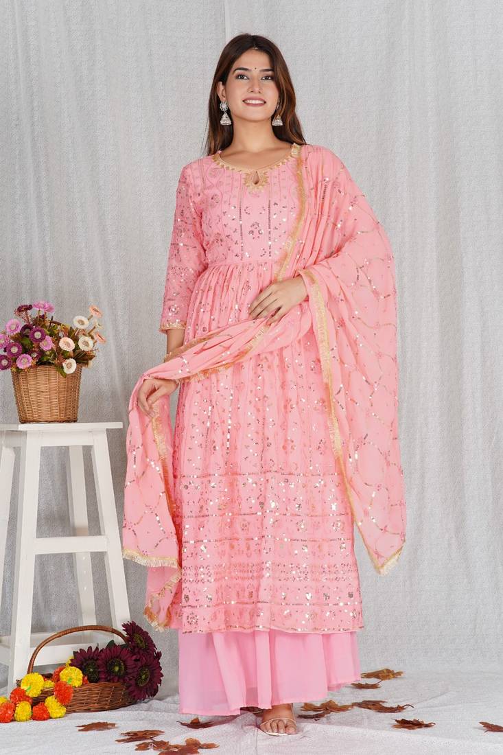 Pink Long Kurti With Lehenga For Partywear 