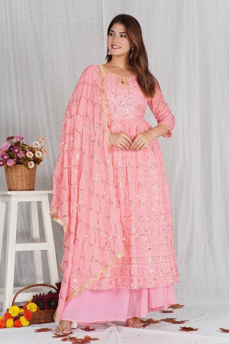 Pink Long Kurti With Lehenga For Partywear 