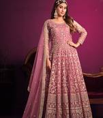 Pink embroidery sequins net anarkali chudidar- (size upto 42")