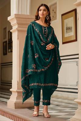 Teal green embroidery and sequins chinon straight pant- free size stitched(size upto 42") 1