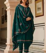 Teal green embroidery and sequins chinon straight pant- free size stitched(size upto 42")