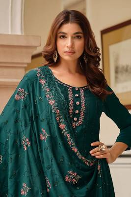 Teal green embroidery and sequins chinon straight pant- free size stitched(size upto 42") 2