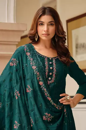 Teal green embroidery and sequins chinon straight pant- free size stitched(size upto 42")