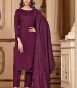 Purple embroidery and dimond art silk straight pant- semi stitched(size upto 42")