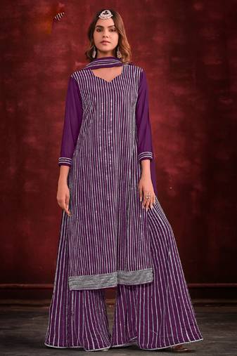 Purple embroidery and zarkan georgette straight sharara- free size stitched(size upto 42")