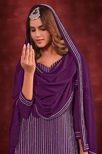 Purple embroidery and zarkan georgette straight sharara- free size stitched(size upto 42")