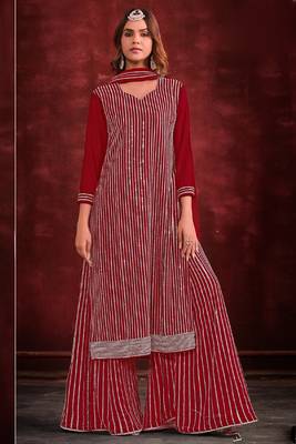 Red embroidery and zarkan georgette straight sharara- free size stitched(size upto 42") 1