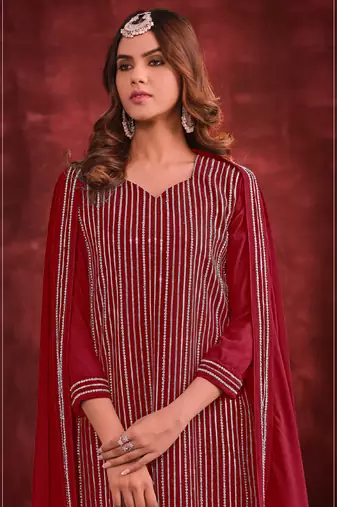 Red embroidery and zarkan georgette straight sharara- free size stitched(size upto 42")