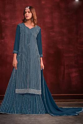 Teal blue embroidery and zarkan georgette straight sharara- free size stitched(size upto 42") 1