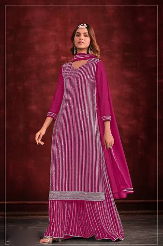 Pink embroidery and zarkan georgette straight sharara- free size stitched(size upto 42")
