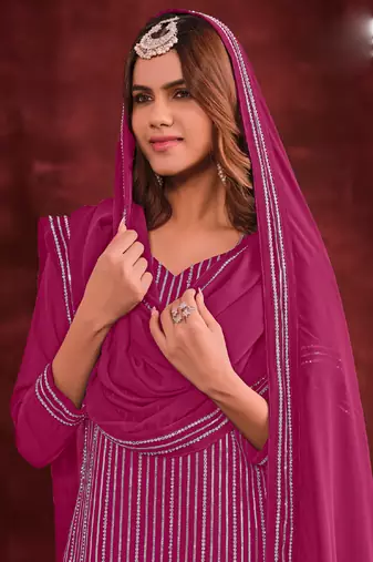 Pink embroidery and zarkan georgette straight sharara- free size stitched(size upto 42")