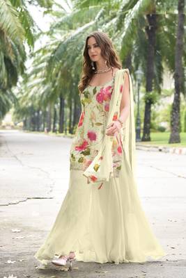 White embroidery sequins, print chinon straight palazzo- free size stitched(size upto 42") 1