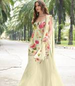 White embroidery sequins, print chinon straight palazzo- free size stitched(size upto 42")