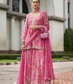 Pink embroidery sequins, print chinon straight palazzo- free size stitched(size upto 42")