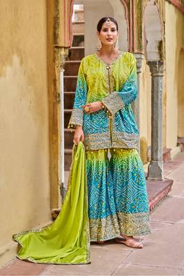 Green embroidery sequins, print chinon straight sharara - free size stitched(size upto 42") 1