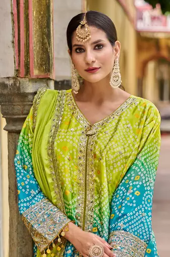 Green embroidery sequins, print chinon straight sharara - free size stitched(size upto 42")