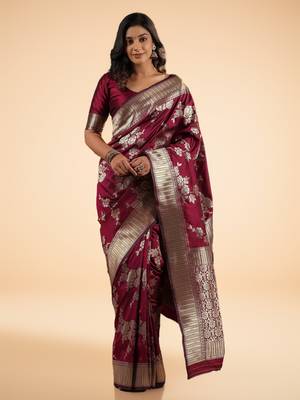 Burgundy Ethnic Motifs Zari art Silk Banarasi Saree 1