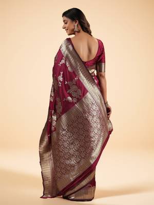 Burgundy Ethnic Motifs Zari art Silk Banarasi Saree 2