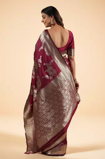 Burgundy Ethnic Motifs Zari art Silk Banarasi Saree