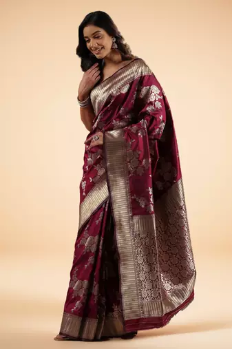 Burgundy Ethnic Motifs Zari art Silk Banarasi Saree